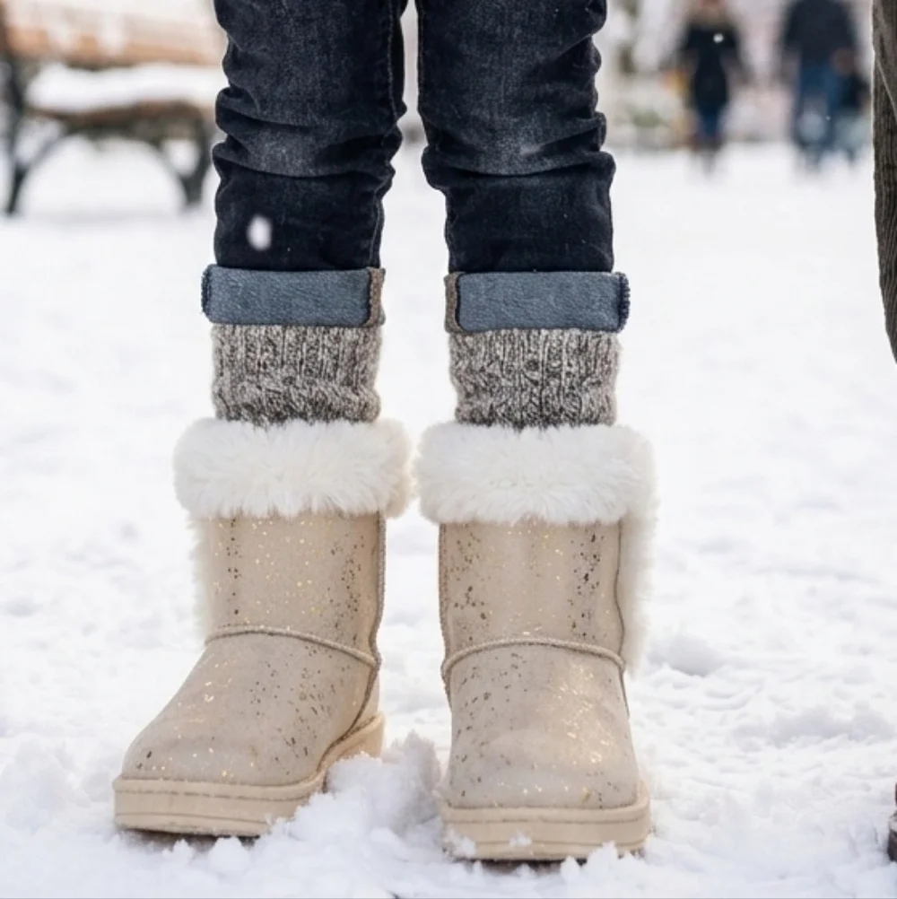 Girls Cream/Beige Winter/Snow Boots W/Metallic Gold Accents Faux Fur Trim Sz 4 6